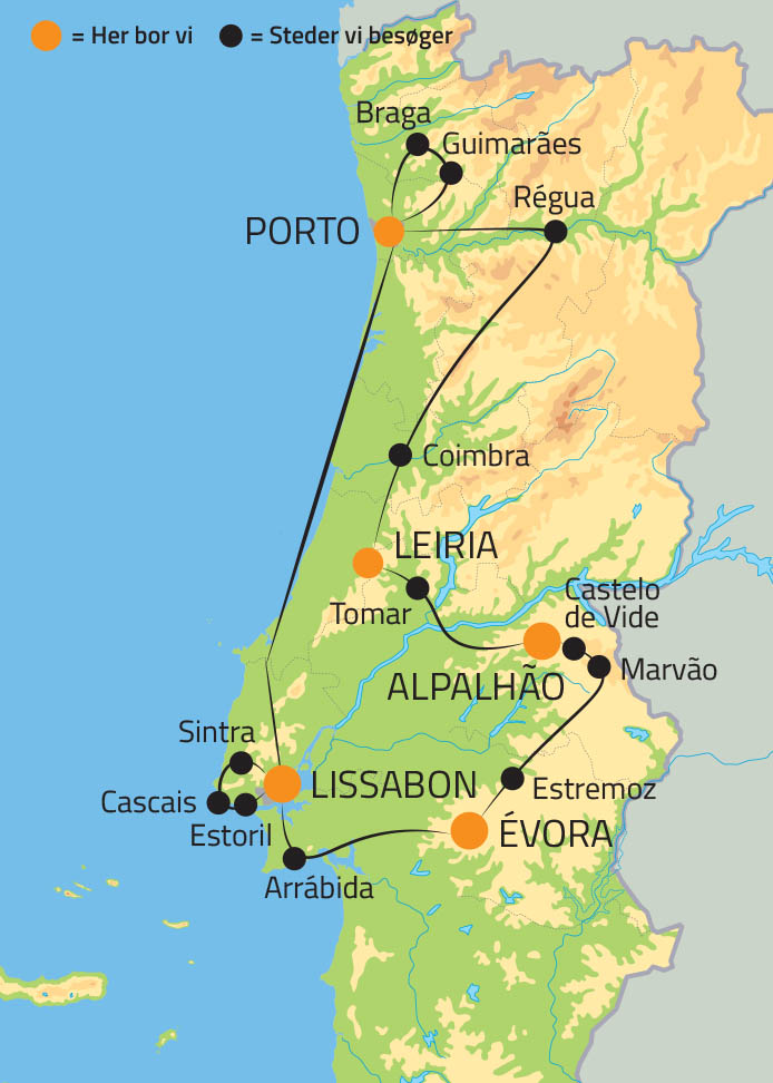 Kort over rejsen På opdaelse i Portugal